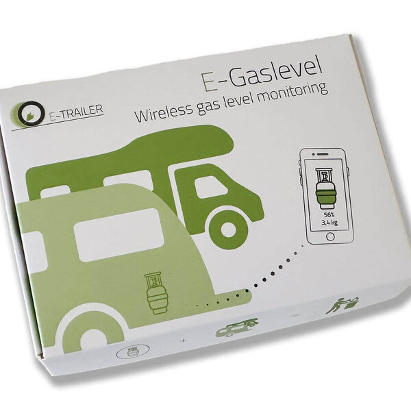 Verpackung des E-Gaslevel. Ein Karton mit grünen Grafiken von Wohnmobil und Wohnwagen.