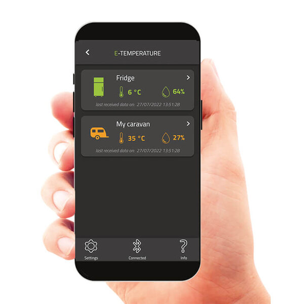 Hand hält Smartphone und zeigt in der E-Temperature App eine Übersicht über die Temperatur im Innenraum und im Kühlschrank.